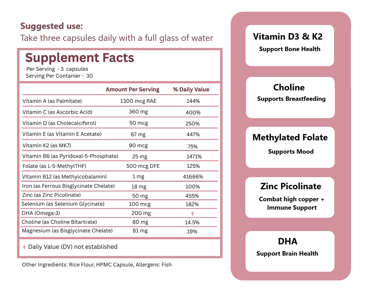 Supplement label with detailed nutritional information and suggested use on a white background.