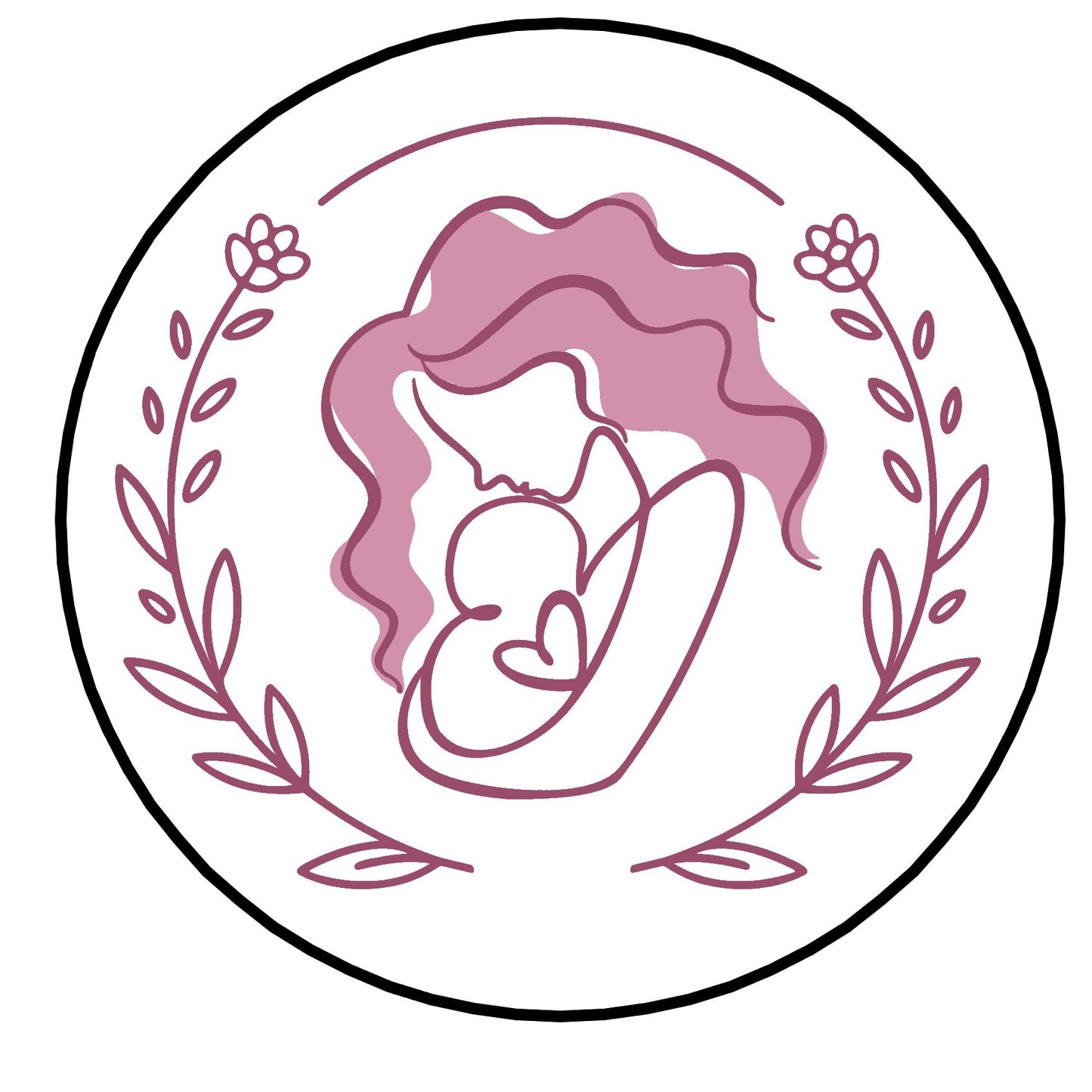 Circular logo with a stylized illustration of a woman with pink hair and flowers, on a white background.