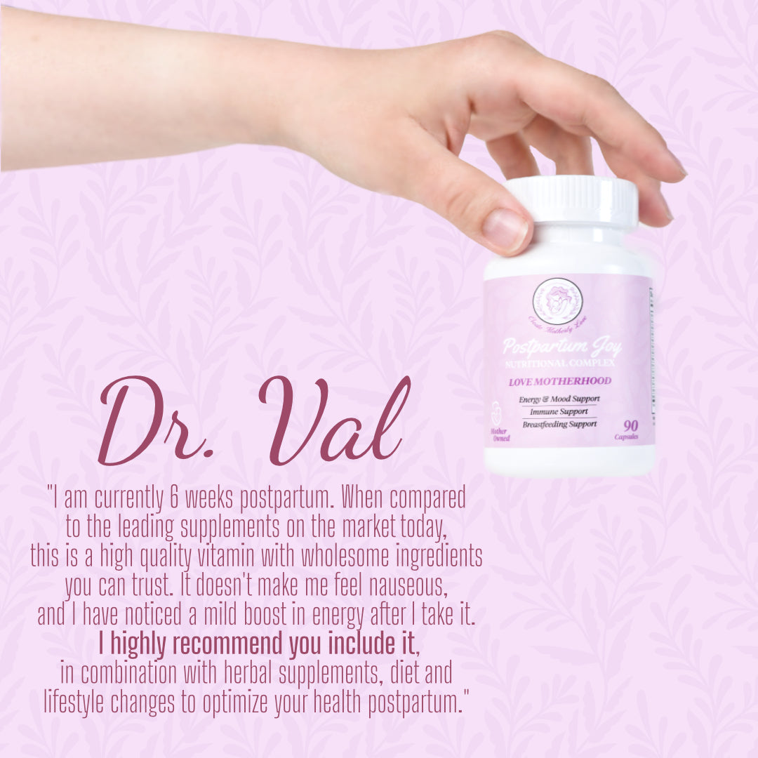Hand holding a supplement bottle labeled 'Dr. Val' on a pink background with text.