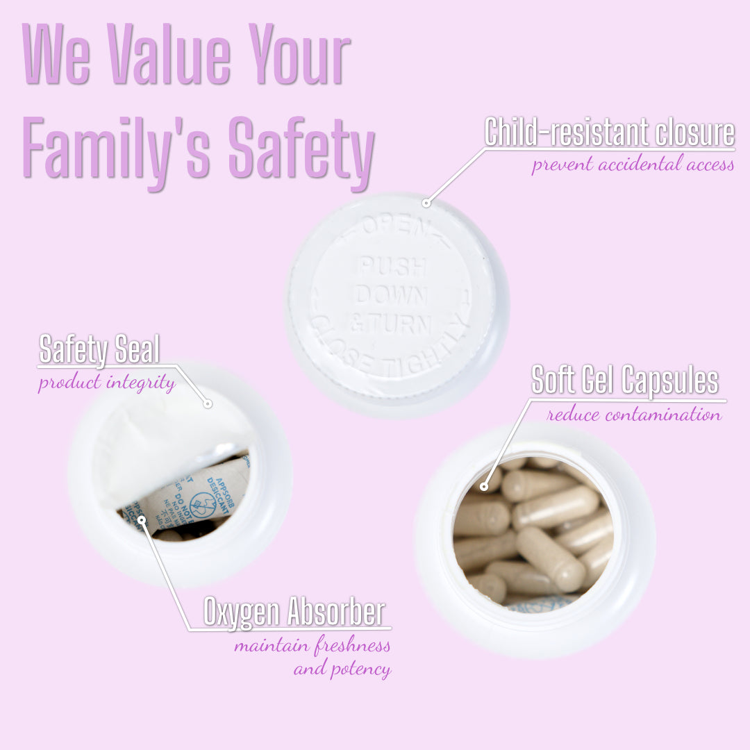 Product packaging with safety features on a pink background