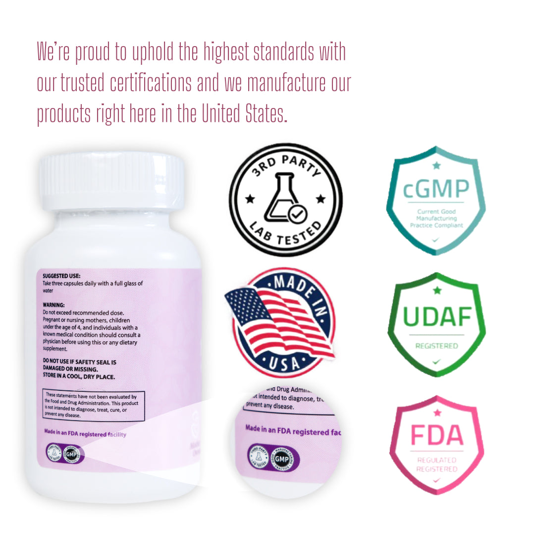Bottle of supplements with certification logos on a white background