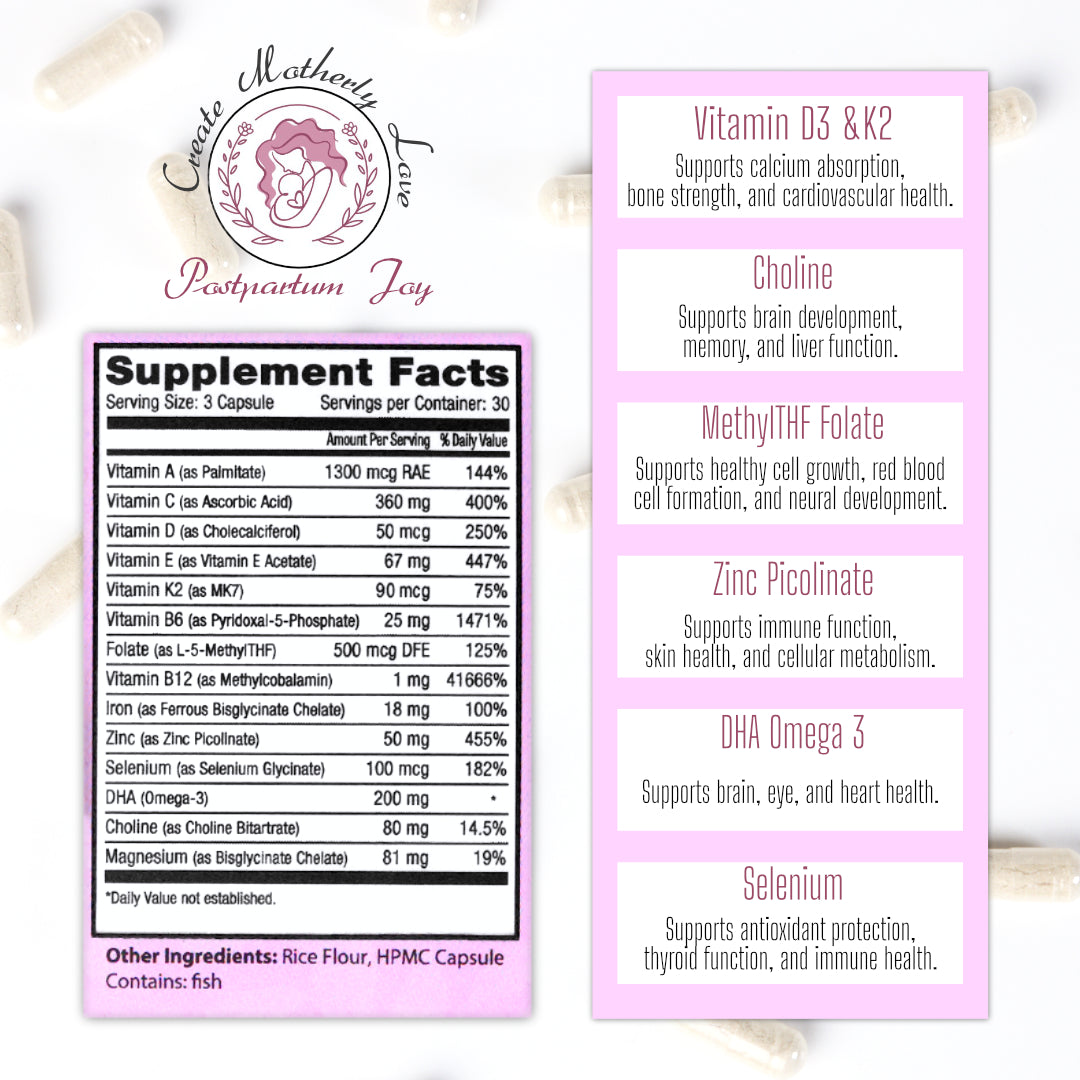 Supplement label with detailed nutritional information on a white background