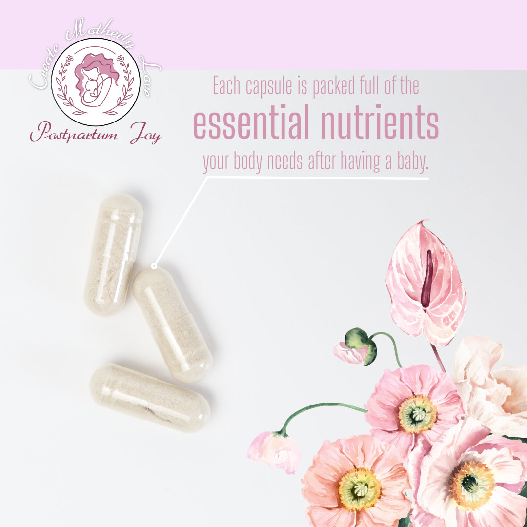 Supplement capsules with flowers on a light pink background, featuring text about essential nutrients.
