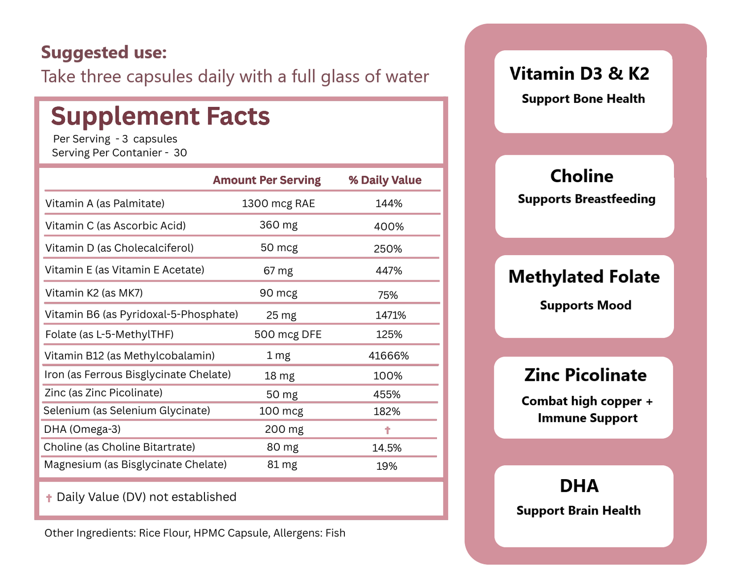 Supplement label with detailed nutritional information and suggested use on a white background.