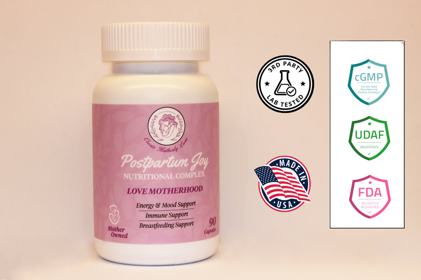 Vitamins bottle labeled 'Postpartum Joy' with certification logos on a beige background