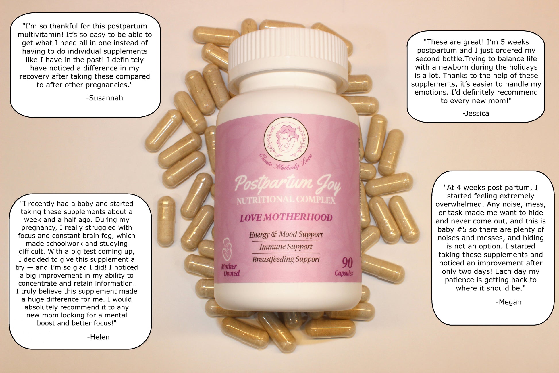 Supplement bottle labeled 'Postpartum Joy' surrounded by capsules on a beige background with customer testimonials.